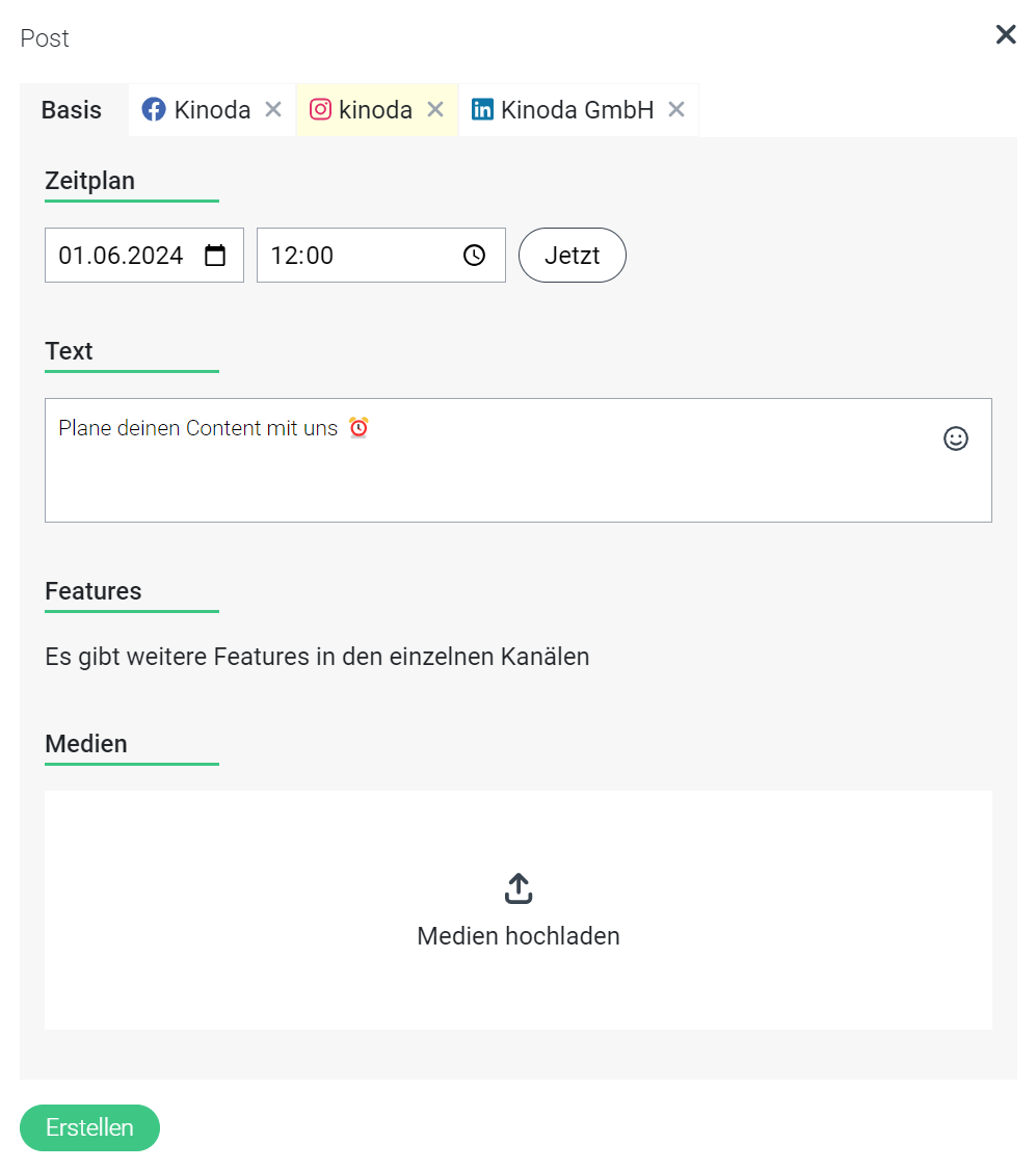 A planning dialog that can be used to configure social media content in various social networks.